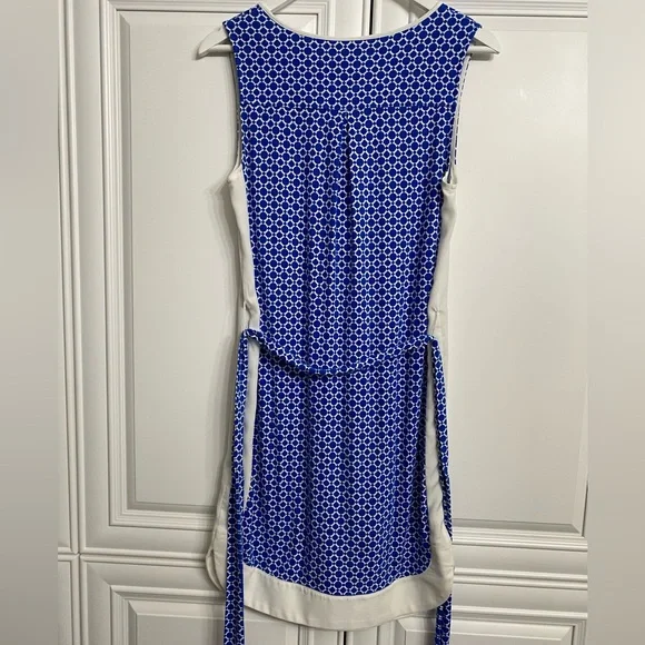 Ann Taylor Factory Size XS Sleeveless V Neck Dress Blue White Belt Midi Office - Picture 8 of 12
